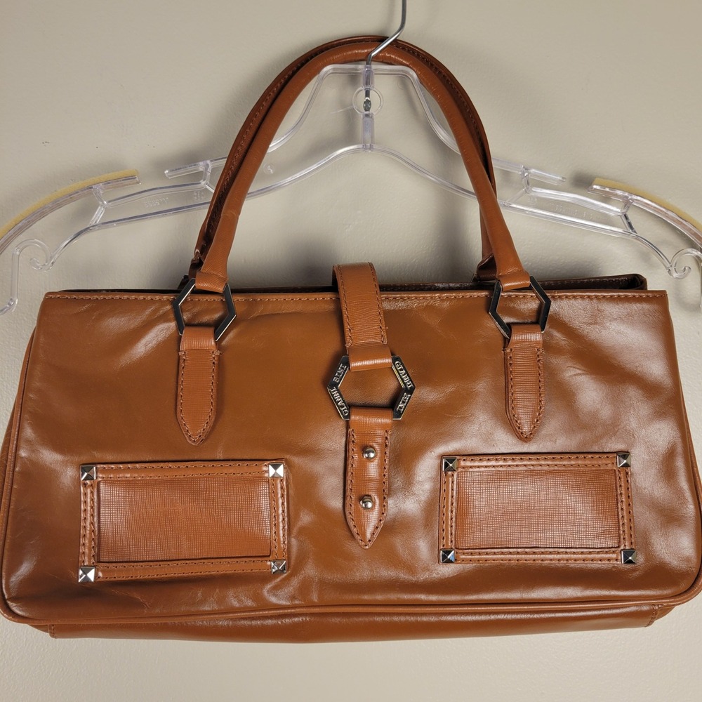 Gianni Bini Cognac Brown Studded Faux‎ Leather Satchel Shoulder Bag Y2K Chic